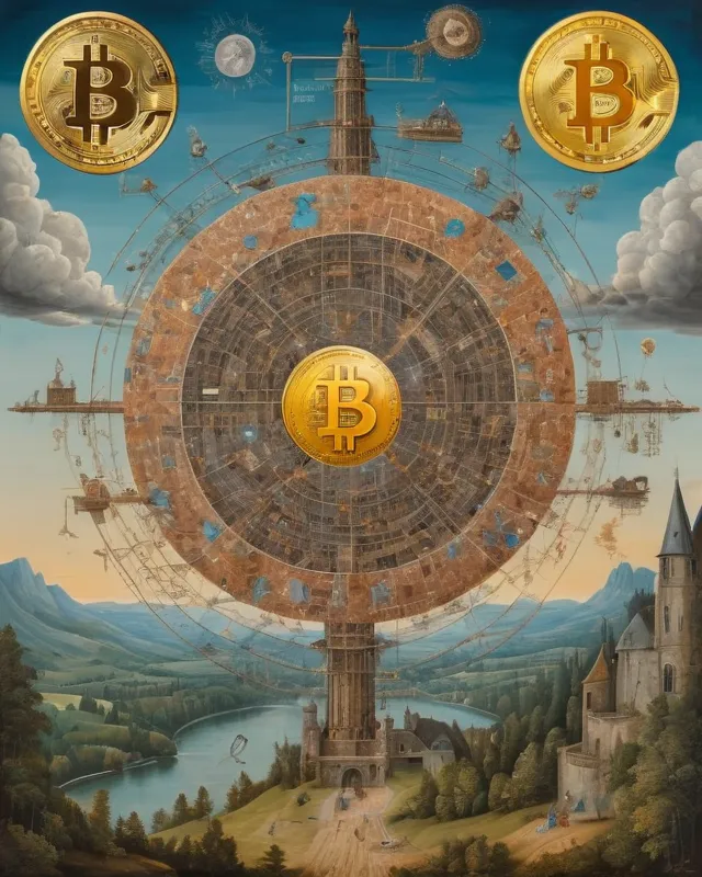 Masterpiece painting by Leonardo da Vinci of a schematic Bitcoin Logo, blockchain technology including artificial intelligence brain technology, richard dadd, hieronymus bosch, rene magritte, gustave dore, seb mckinnon, fantasy art, concept art, hyper detailed, greg rutkowski, beautiful, hyperdetailed, matte background, meticulous, expansive, photorealistic, ivan shishkin, oil on canvas, woodcut, surrealism