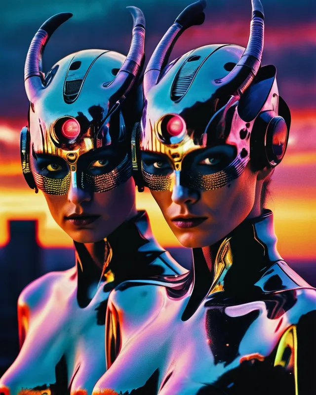 Demon twins.                       biomechanical in cyberpunk City, hyperrealism, neon city, refracted light, mixed media, collage, beautiful, unsettling, mysterious, 1980s style, magazine photo shoot, sunset, defined light source, surreal, vapourwave, Peter Lindbergh, retro, outrun, VHS, grainy, cinematic, watercolour, Troma