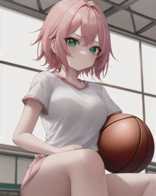 
In the school gym's lively atmosphere, a young anime girl shines. Clad in a white t-shirt and pink shorts, her pink hair intricately styled, framing her face symmetrically. Her expressive green eyes tell tales as she sits on the basketball court floor, basking in natural light. Rendered in stunning 8K resolution, every detail is a masterpiece, capturing her delicate beauty in this serene moment.