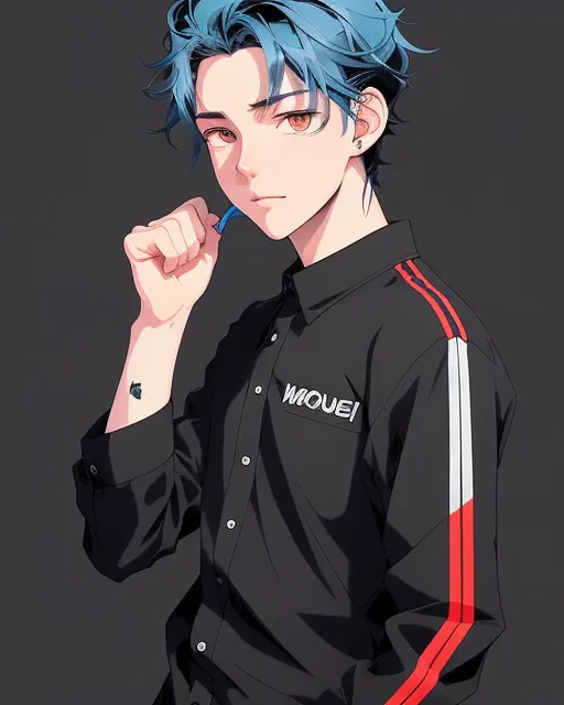 a guy about 18 years old with black hair and bright blue hair holds in his hands a black braid with scarlet stripes