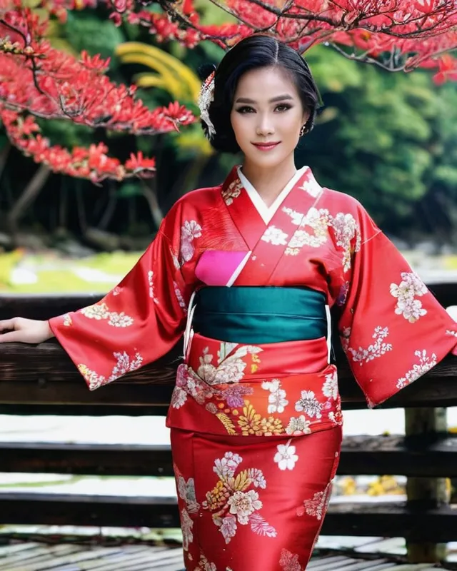 seorang perempuan indonesia,close,mengenakan kimono,tersipu malu,berdiri membelakangi panorama indah