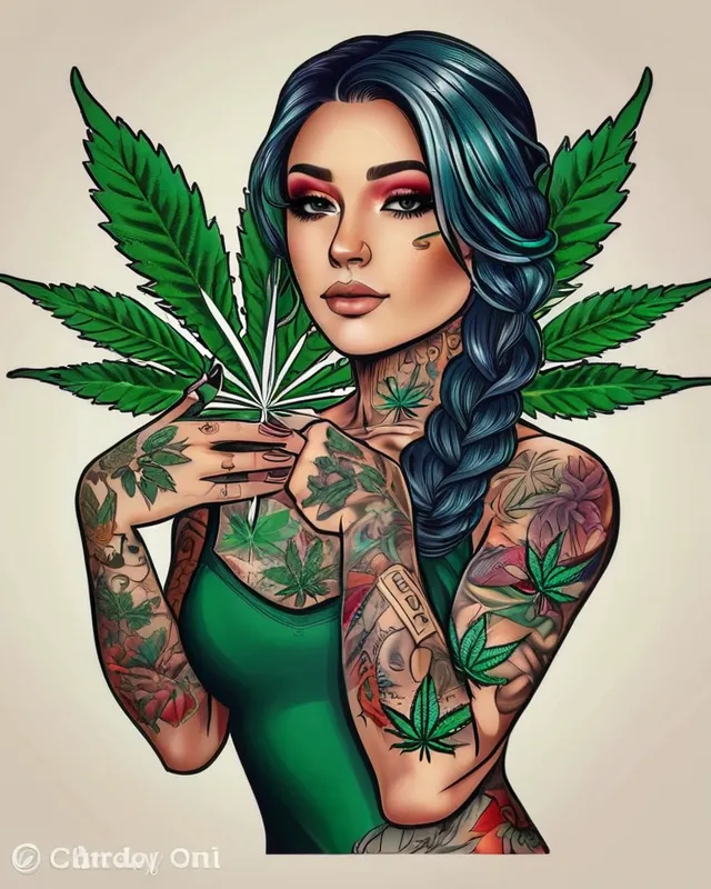 tattoo art, amazing masterpiece female tattoo, tattoo design, full color, amazing g easy detail, cannabis  weed, joint, bong, charater art, emoji cute charater design of cannabis leaf and bong