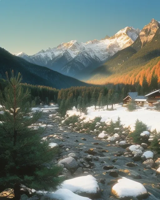 Mountain range snow pines spruces - Free AI Photo Generator - starryai