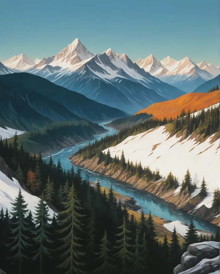 Mountain range snow pines spruces - Free AI Photo Generator - starryai