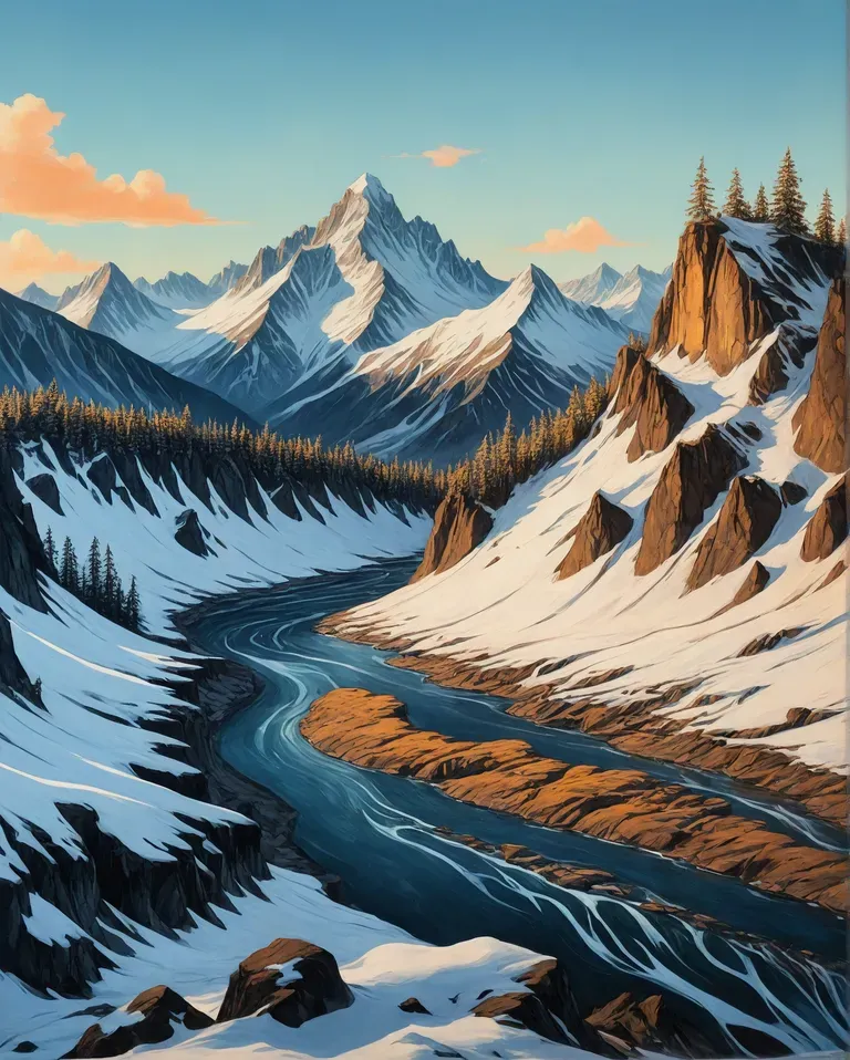 Mountain range snow pines spruces - Free AI Photo Generator - starryai