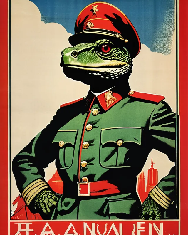 Propaganda.                              1930s communist, propaganda, modernist, anthropomorphic, army uniform, poster art