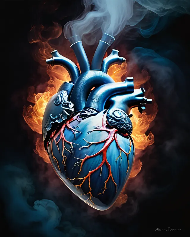 A blue silver and white heart with red and yellow flames emitting off the top of the heart watercolor in the style of (Kim Keever, Ogata Korin, Anna Dittmann), featuring the translucent luminescent, a whispering swirling fog around the heart, streaks of lightning, ((majestic fog)), surrounded by fog and flames, abundant, haze, fog,  bioluminescence, luminism, peripheral lightning, volumetric lighting, dynamic posing, intricate details, sharp focus, swirls, perfect composition, steam, masterpiece, delicate brushstrokes
