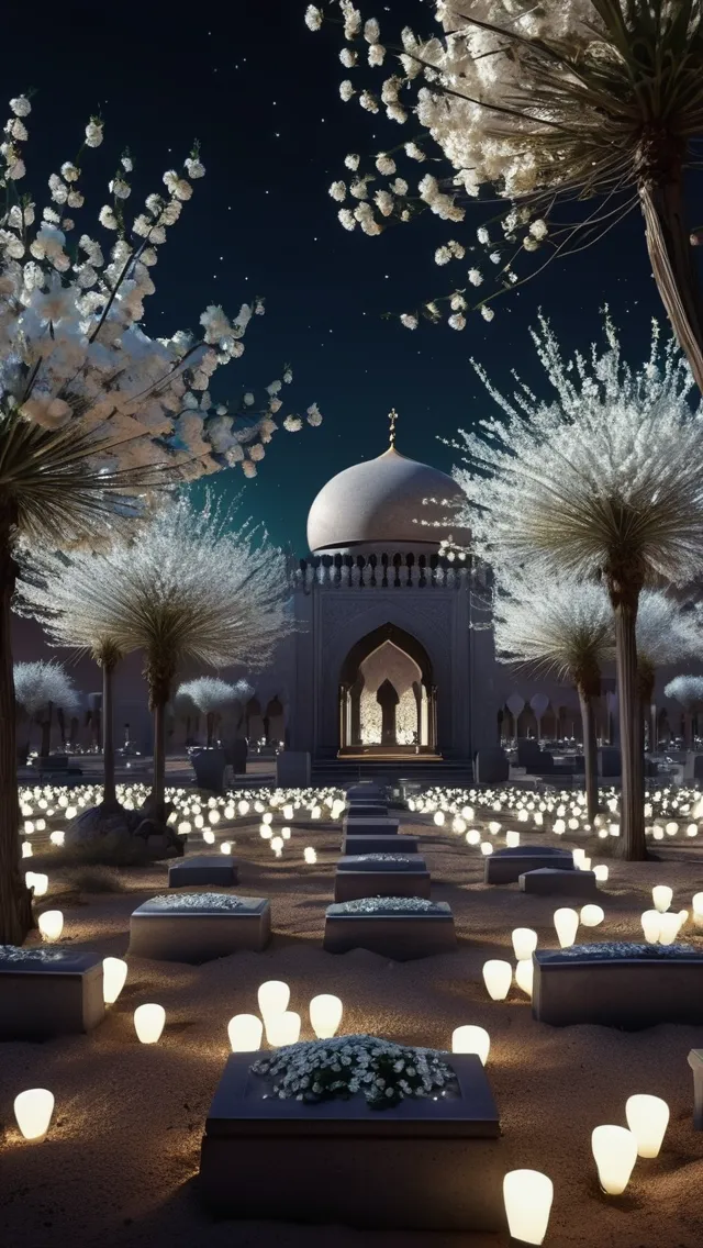 Gothic Islamic cemetery in the desert at night with glowing white flowers, Ray tracing environment, dynamic camera angle, dappled lighting, 8k anime render, high saturation, immaculate blending, 60 fps anime 