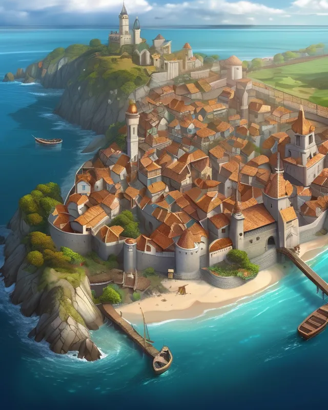 Ariel view a coastal medieval - Free AI Photo Generator - starryai
