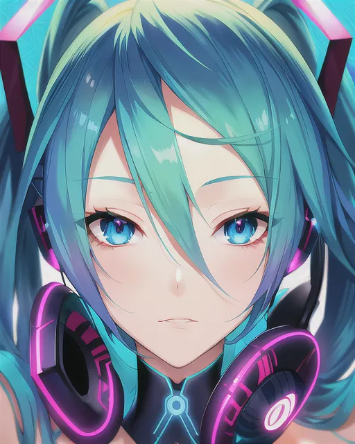 Anime style depiction of Hatsune Miku with intricate blue eyes and hair, holding headphones, face shot, detailed artwork by Puru, best quality, 4k, high detailed, sharp, anime character, detailed eyes, cool tones, futuristic headphones, professional, bright and vibrant colors, atmospheric lighting , pixiv,  neoism,vocaloid, nightcore