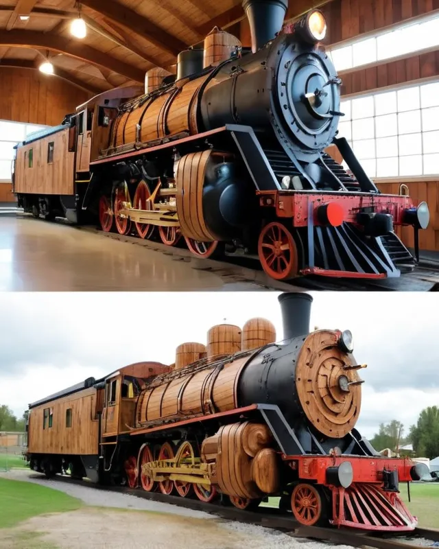 A full size steam locomotive carved out of wood