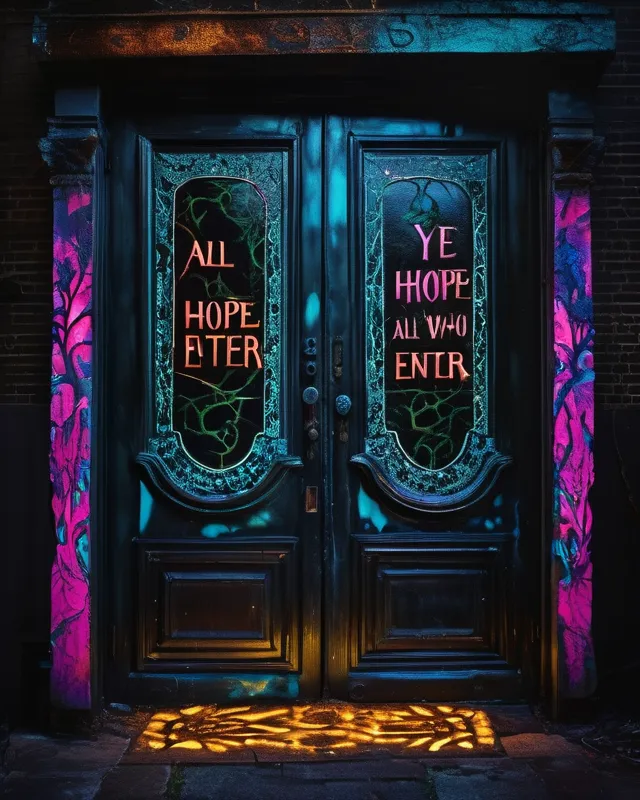 High relief, (((Abandon all hope ye who enter))) sign written on the doors of an ancient evil coven,Professional Expressive Wet on Wet oil paint effect,‭‭ ,simultaneous color contrasting,fluorescent tapestry , marbling effect, worm's eye-view,Bailey's beads effect, neon undertones,air glow,atmospheric cinematic luminescent reflecting dappled light,horror, ,ultra realistic, intricate details,4k, trompe l'oeil effect, cinematic incandescent ominous dappled light,