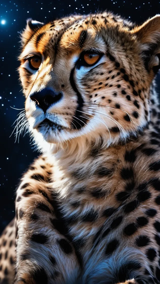 Beautiful Cheetah, epic, cinematic, high detail, midnight palette, moonlight, gorgeous, cosmic background