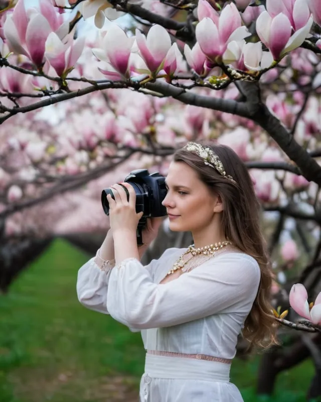 blooming magnolia trees, a girl makes a photo shoot near magnolias