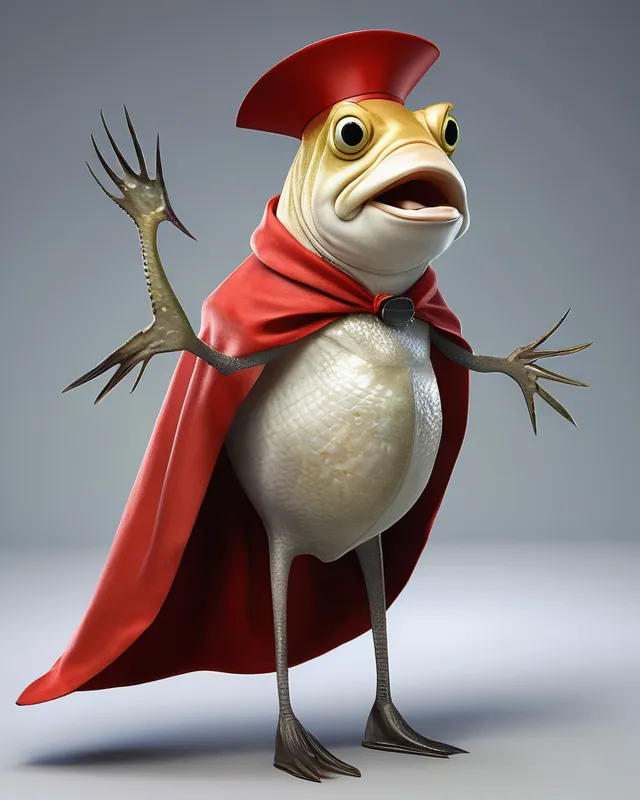 An ((anthropomorphic codfish)) wearing a cape 