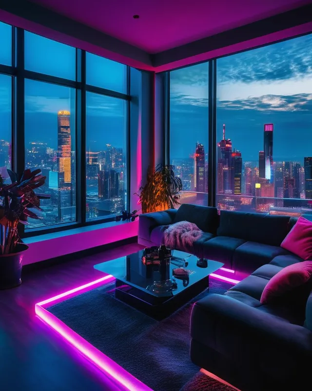 A futuristic open-concept cyberpunk tech home that belongs to a tech billionaire; ((massive windows and skylights with a view of a neon city)), dim lighting with colorful accents, high tech, vibrant, utopian, clean lines, glowing electronics, comfortable and cozy, interior design, glowing holograms, colorful neon lighting, reflective surfaces