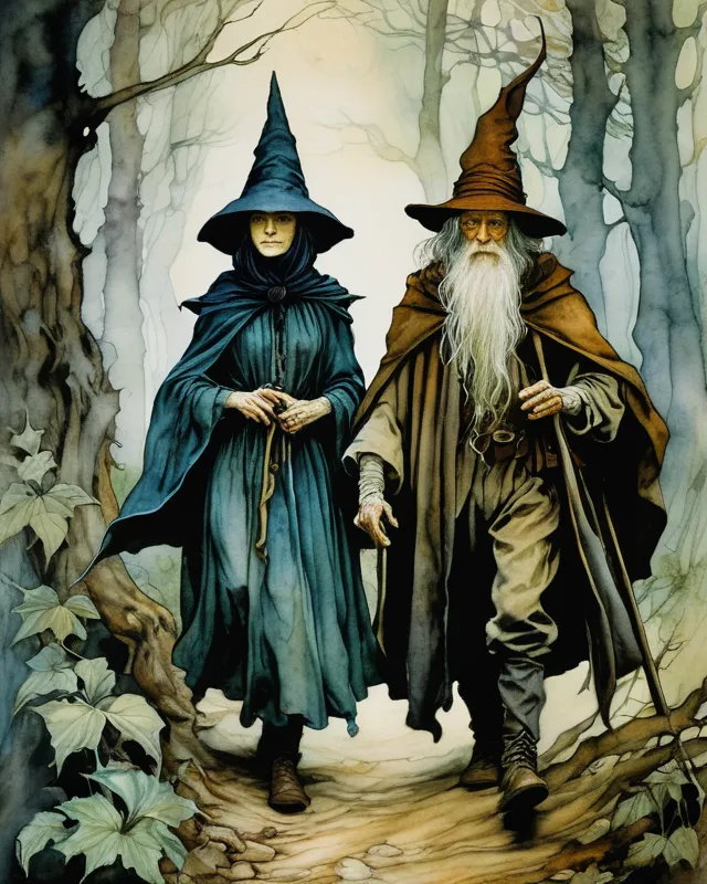 A witch a wizard hiking together - Free AI Photo Generator - starryai
