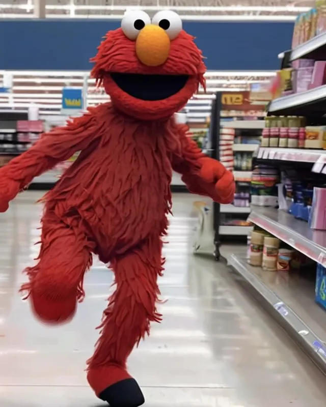 Hairless elmo running a Walmart - Free AI Photo Generator - starryai