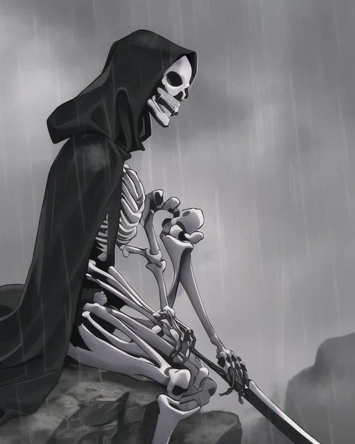 A skeleton, in a rain storm, holding a sword, sitting on a cliff, wearing a cloak with a hood