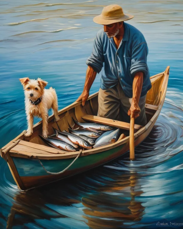 A above close up view of a fisherman paddling his small wooden boat to shore, metal buckets full of fish and  the fisherman's dog aboard, oil painting, unreal, masterpiece 