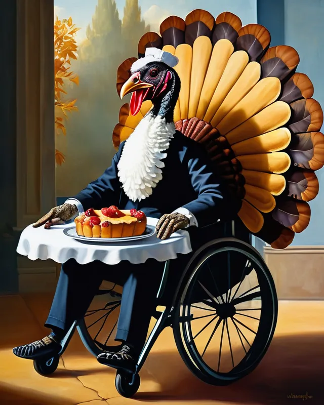 An anthropomorphic turkey enjoying a yummy fruit pie in a wheelchair 