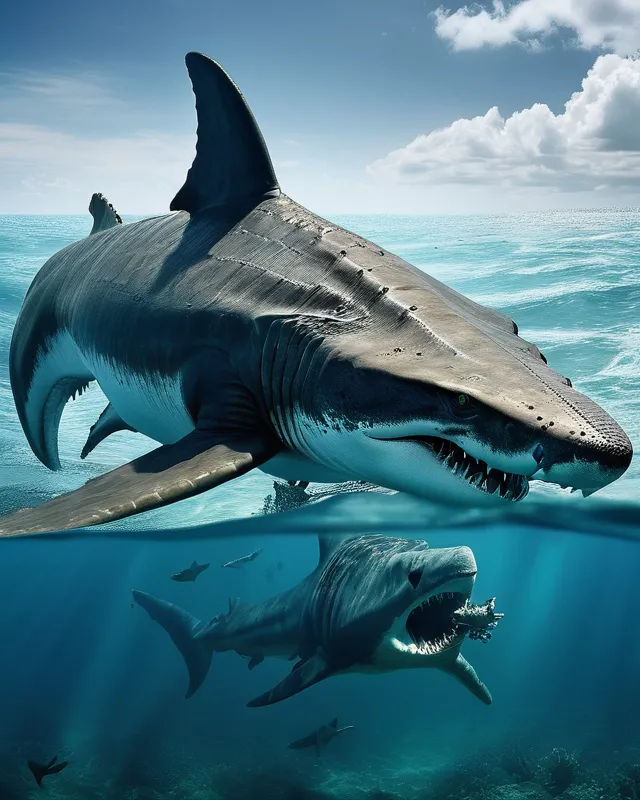 Gigantic Megalodon dinosaur shark - Free AI Photo Generator - starryai