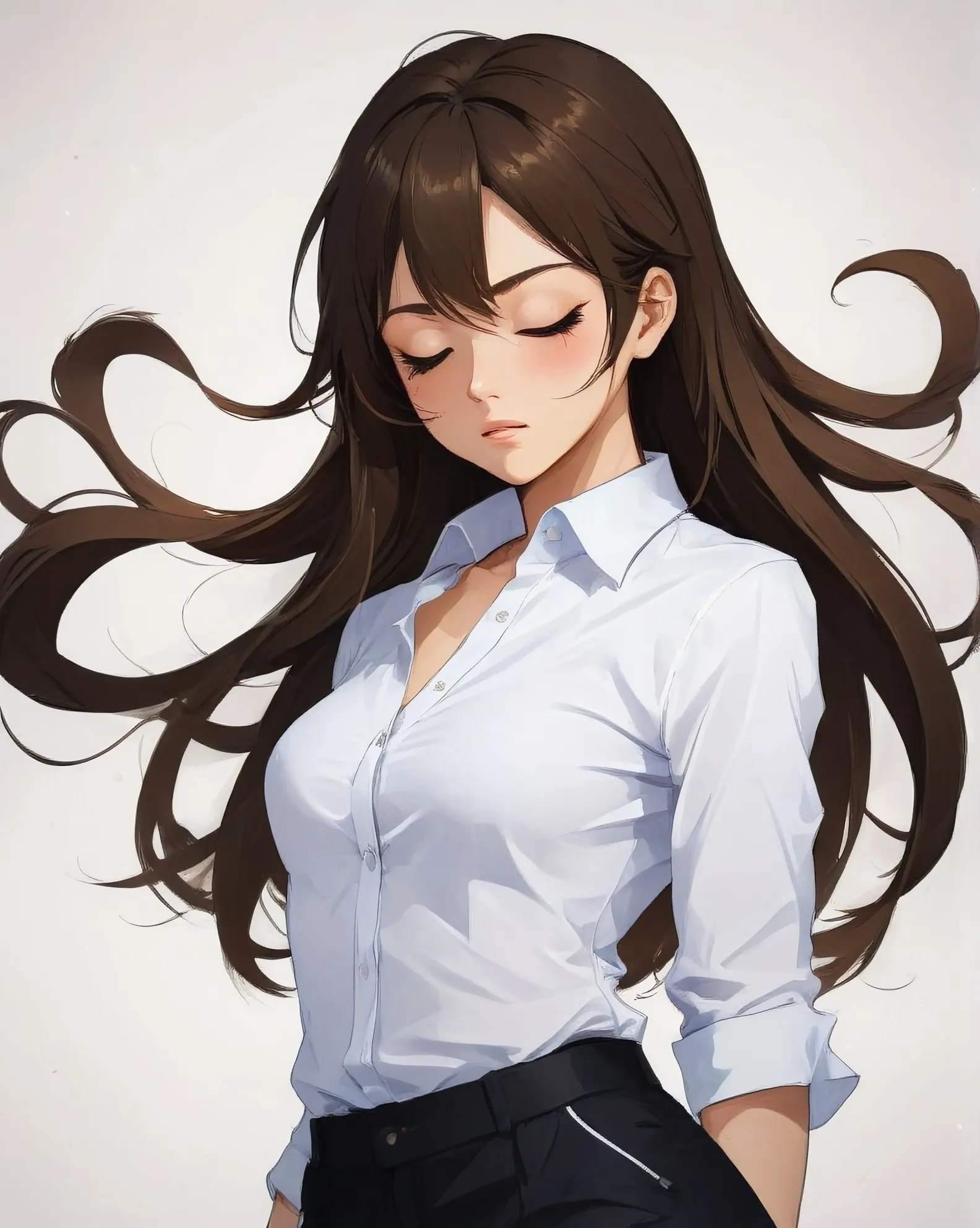 strong girl long brown hair closed , , - AI Photo Generator - starryai