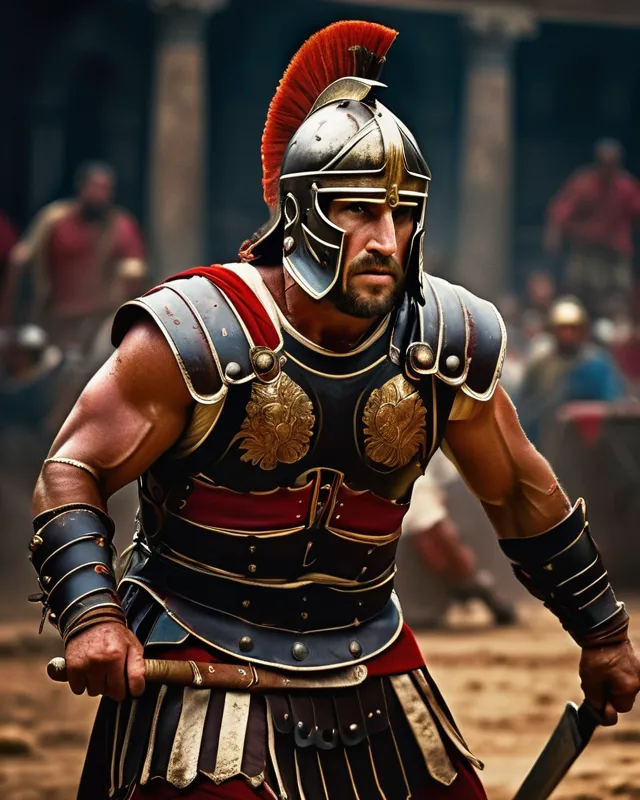 A fiercely battling Roman gladiator, every aspect exudes power amid combat: muscular frame glistening with sweat, blood-stained armor, and a determined gaze beneath a tattered helmet. The image, a realistic painting, captures the intensity of the arena with vibrant colors and intricate details. The warrior's scars and battle-worn appearance communicate a history of fierce battles and victories, creating a dynamic and captivating portrayal. This high-quality image immerses viewers in the adrenaline-fueled world of ancient Rome's gladiatorial combat.