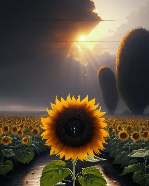 Sunflower is covered by a black veil  with the dawn sun peaking through the clouds.