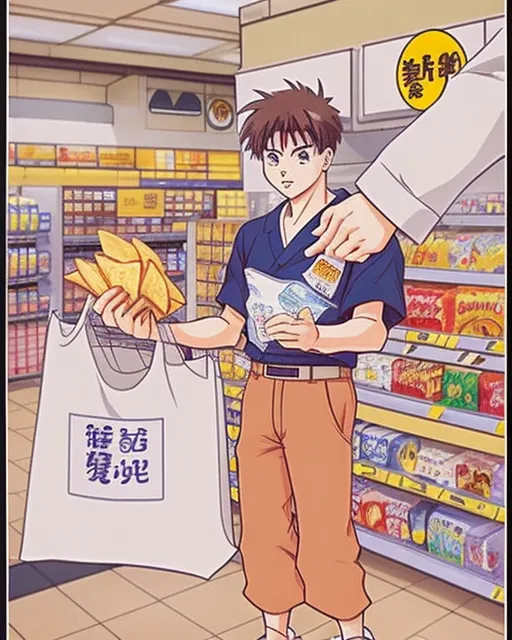 a 90s anime style of a friendly cashier with a name tag working at a grocery store cash register.  On the counter include a bag of chips, a carton of milk, and a price tag reading "スナ" (Suna, meaning "sand" in Japanese).  Above the register display text in Japanese that reads "黄金バットマン" (Golden Batman). The cashier wears a simple uniform of shirt and pants.