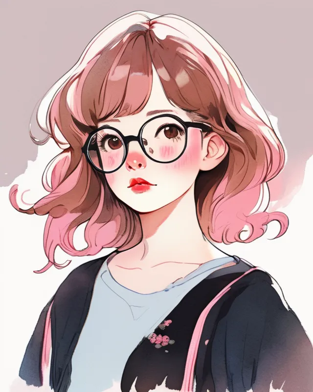 An illustration of a cute girl with pink and brown wavy hair, oversized t-shirt, in the style of Flat shading, Gemma Correll, with freckles and plump lips, wearing prescription glasses, brown and pastel colours, photo-manipulated, cute anime girl, art of Tomer Hanuka and akihito yoshida, anime style, chinese watercolor, anime character,  detailed,  vibrant,  anime face,  sharp focus,  character design,  wlop,  artgerm,  kuvshinov,  character design,  unreal engine