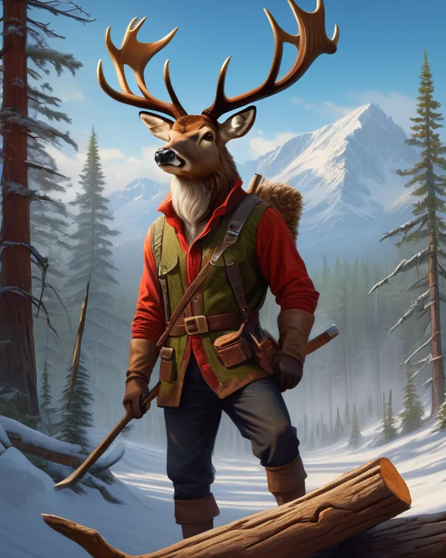 Anthropomorphic stag lumber jack, by Greg Rutkowski, by Johan Grenier, matte painting, digital painting,  digital illustration,  extreme detail,  digital art,  4k,  ultra hd