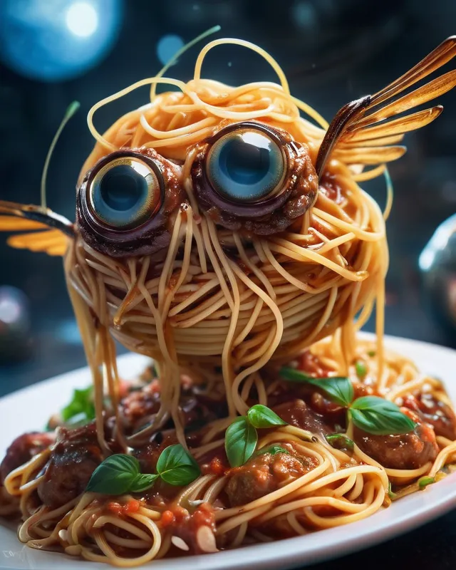 (Flying in the space), anthropomorphic food vector art; (plate of spaghetti and meatballs, the spaghetti has huge big eyes and a huge mouth), cyberpunk world, anna dittmann, maximalism, hyperdetailed, intricate, hyper-realistic food, 16k, maximalism, extreme realism, Nvidia raytracing, raytracing reflections, unreal engine 5, trending on artstation