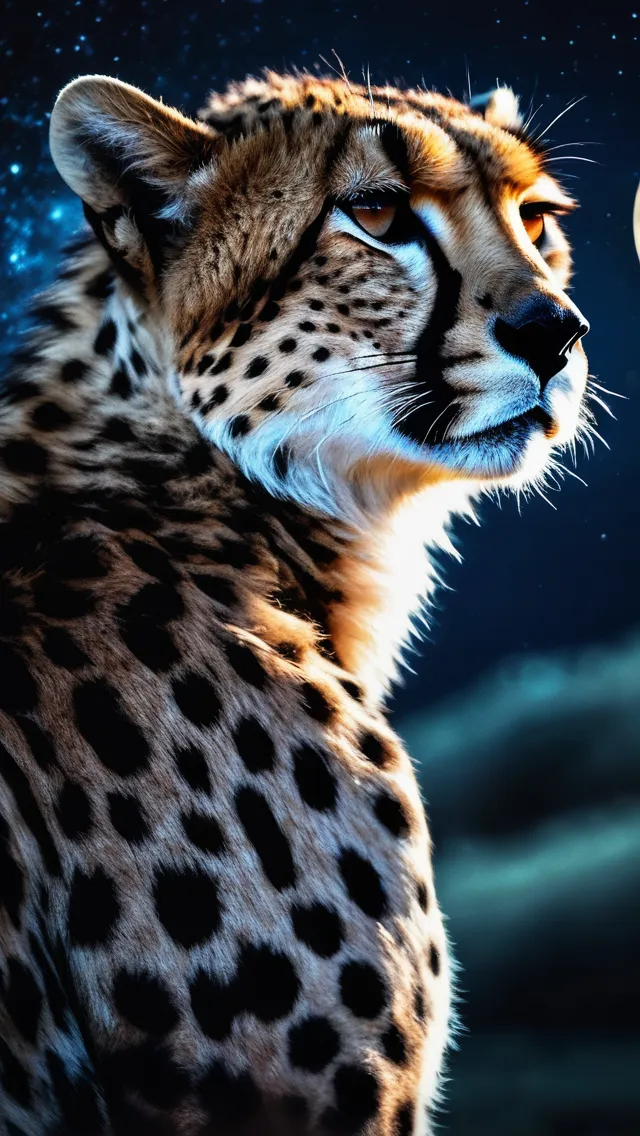 Beautiful Cheetah, epic, cinematic, high detail, midnight palette, moonlight, gorgeous, cosmic background