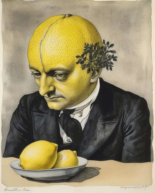 Lemon man.                    Roland Topor, black pen drawing, watercolour, vintage, surreal animation cell, vintage, grainy film 