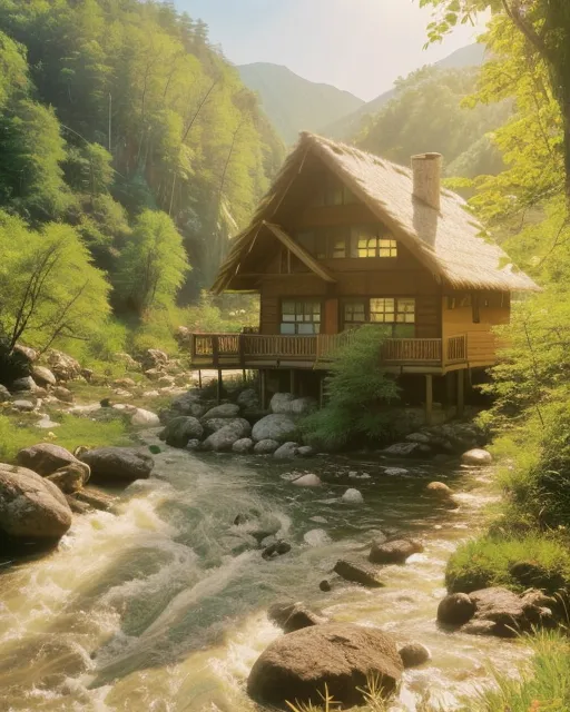 Create a house near a river in sunlight