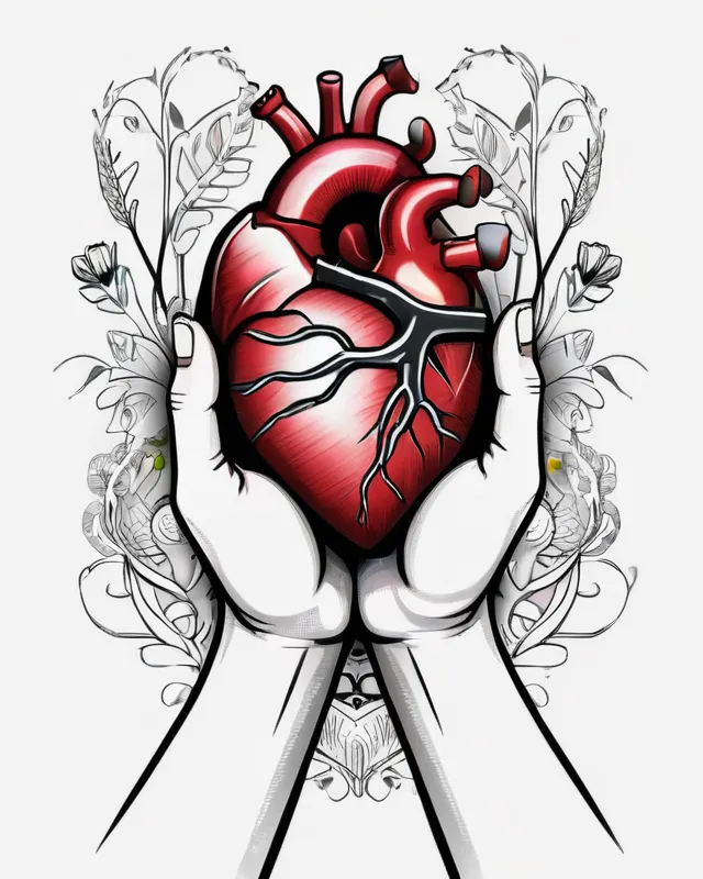 Hand holding human heart tattoo style 