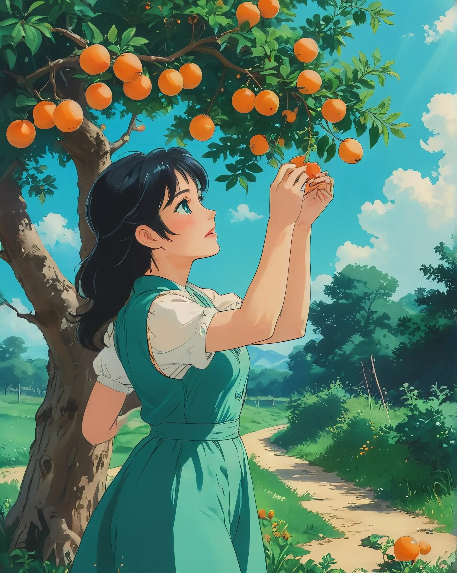 a girl picks apricots from a tree