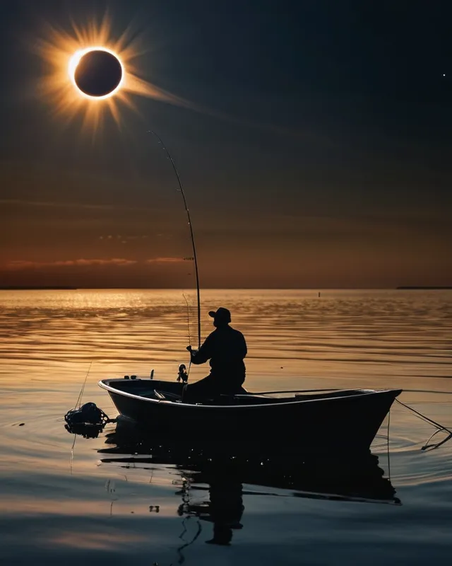 A man fishing in a boat, in the sky there is a solar eclipse and a comet visible 