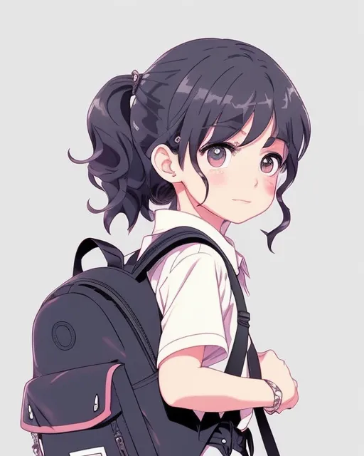 A Little Girl On Her First Day Of School,Uniform,Anime Style,cute Eyes,small Backpack,curled hair,