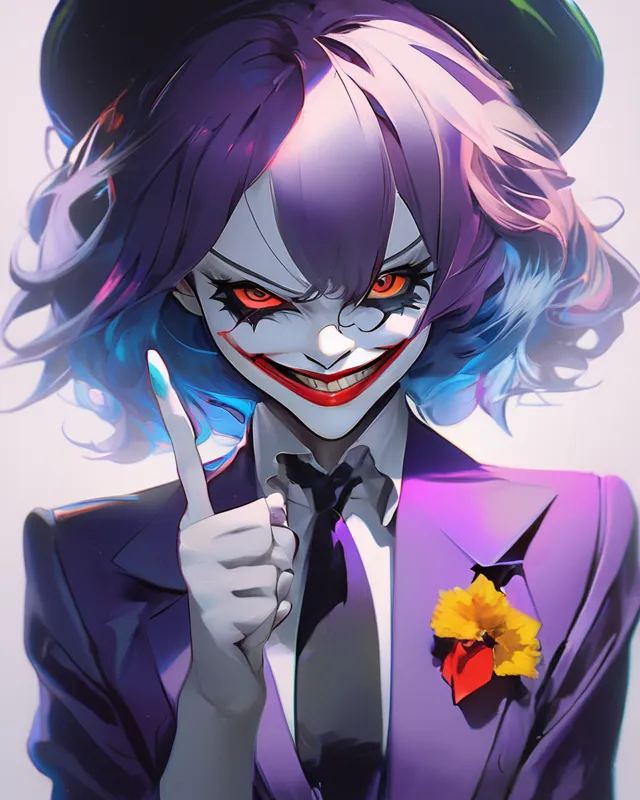 Anime joker, female, creepy smile showing middle finger, highly detailed, focused, anime character,  detailed,  vibrant,  anime face,  sharp focus,  character design,  wlop,  artgerm,  kuvshinov,  character design, manga style 