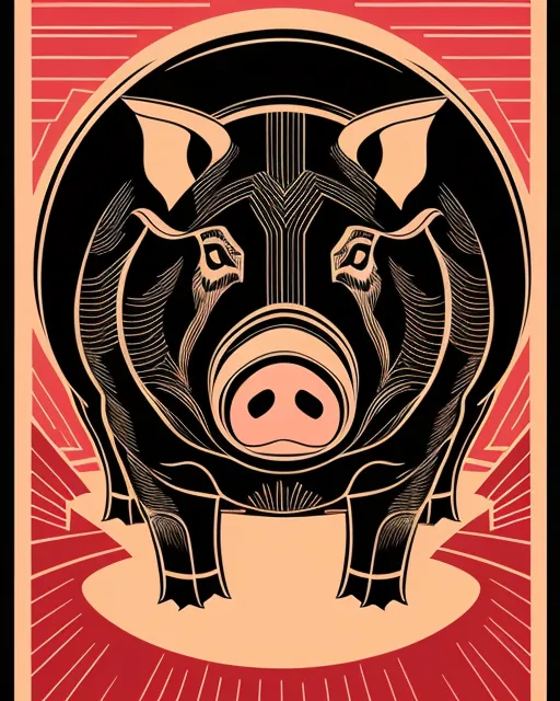 A two-dimensional stylized drawing of a pig, sleek, detailed