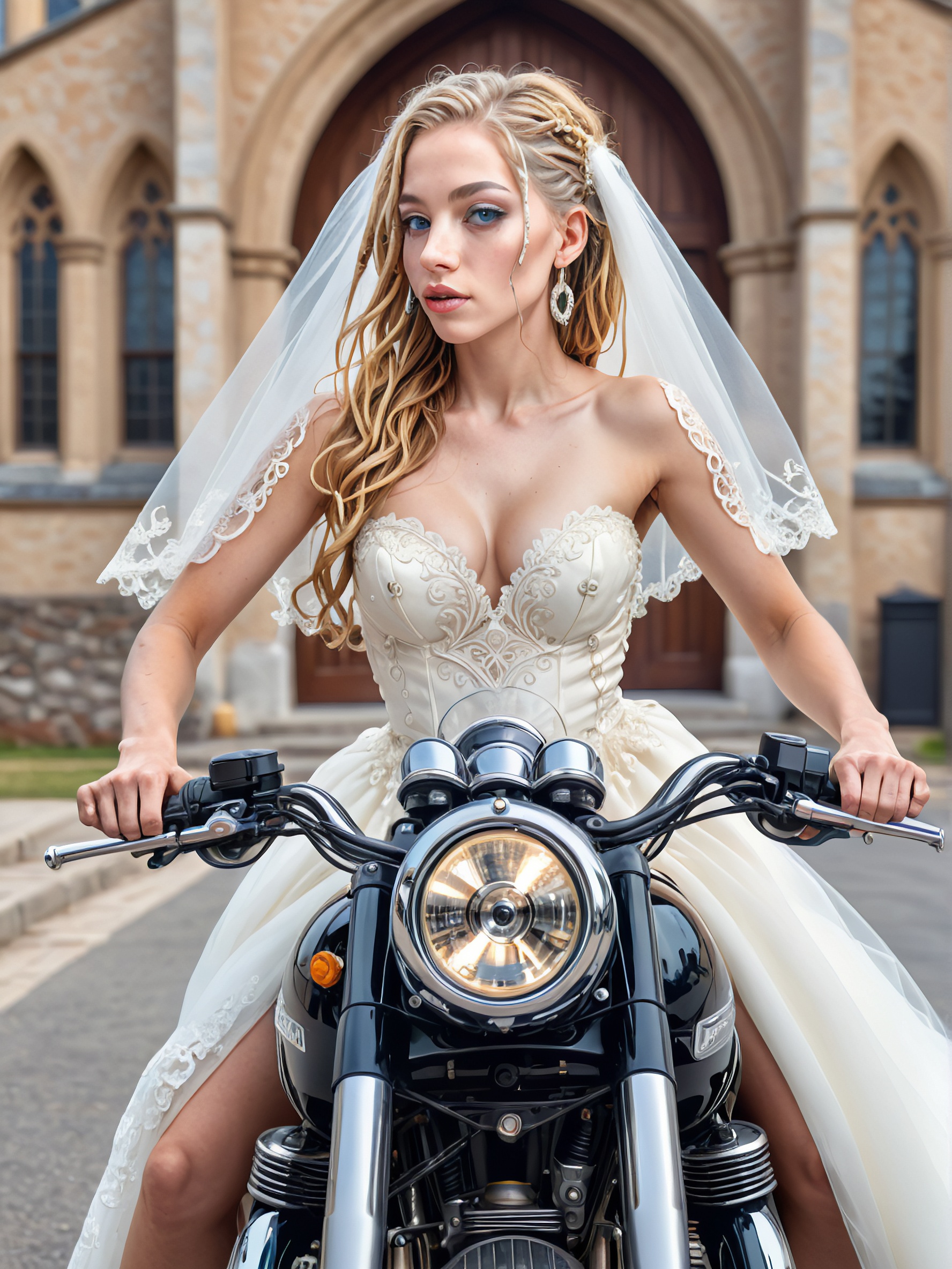 A bride leaving the church on a motorcycle.