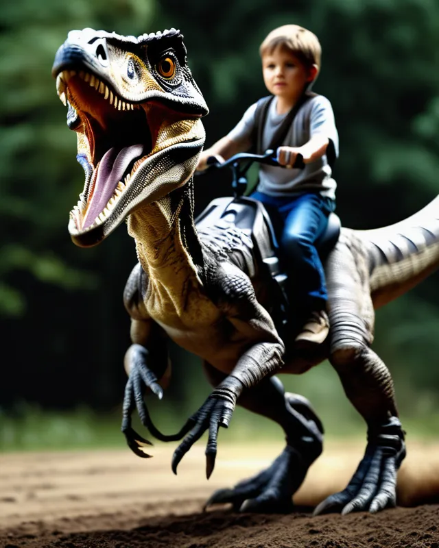 Boy riding a velociraptor - Free AI Photo Generator - starryai