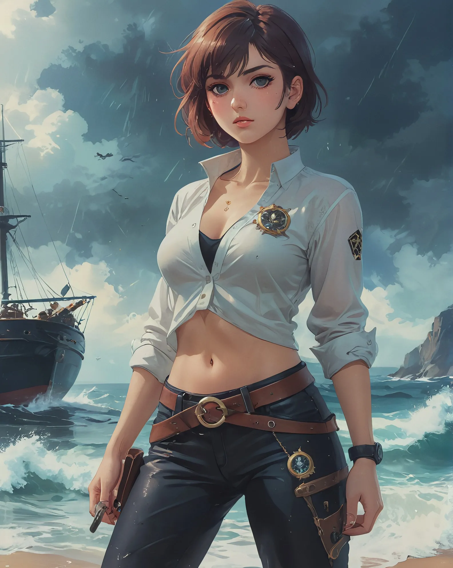 beautiful pirate girl with short hair and a compass, rainy sea, alluring, wearing tight pants and open shirt, wet clothes , intricate details, maximallist, concept and composition in the style of Guweiz, photorealist art by WLOP and Artgerm