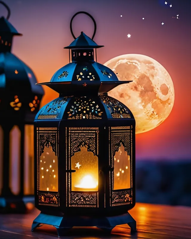 A beautiful ramzan moon and a really cute and beautiful lighting lantern with so beautiful design and it is a awesome  beautiful  stars in the night it is so awesome and fantastic and 4k ultra