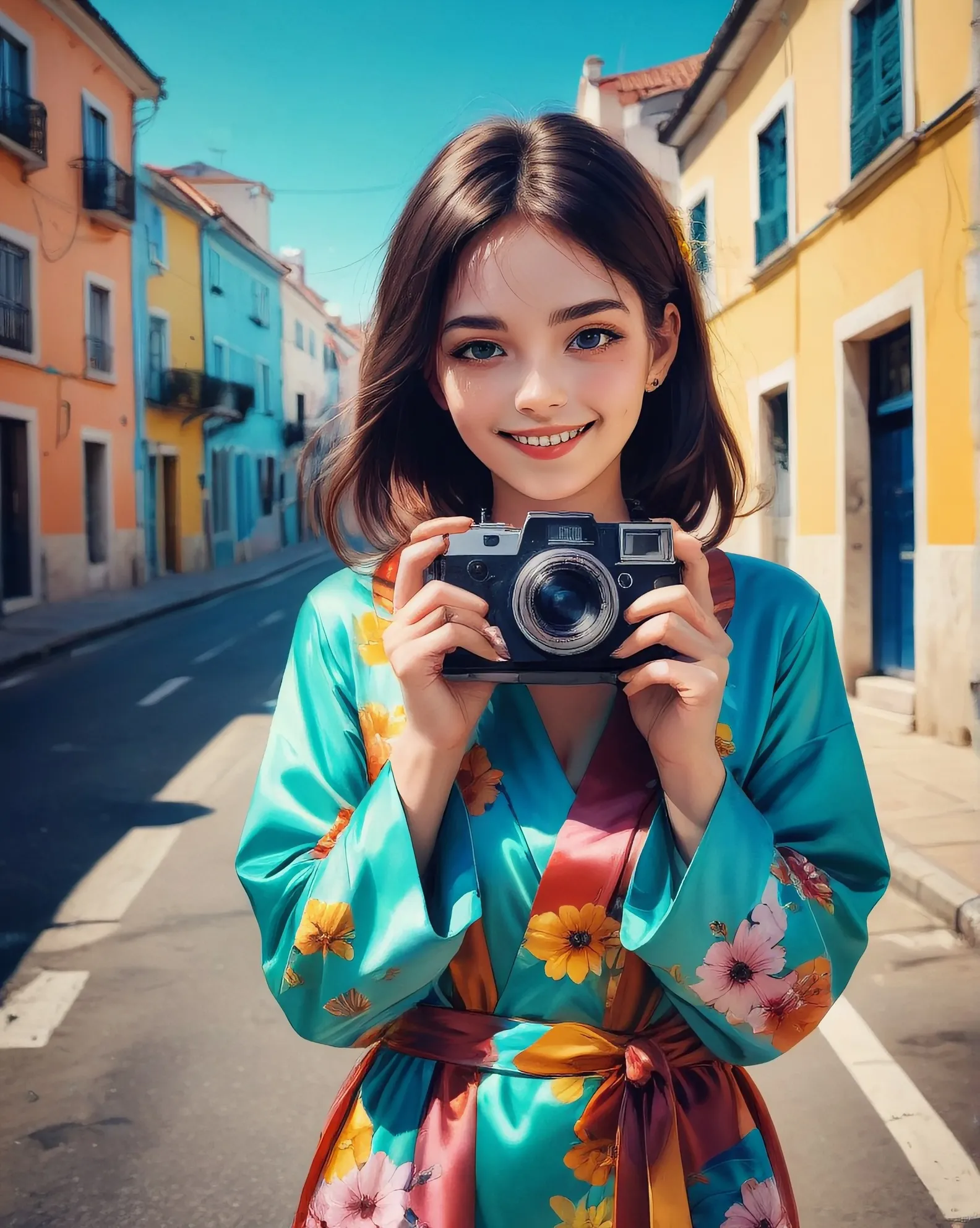 Happy tourist girl with a Polaroid camera in her hands in Lisbon, beautiful, tumblr aesthetic, retro vintage style, hd photography, colorful flowered satin Robe, smile 