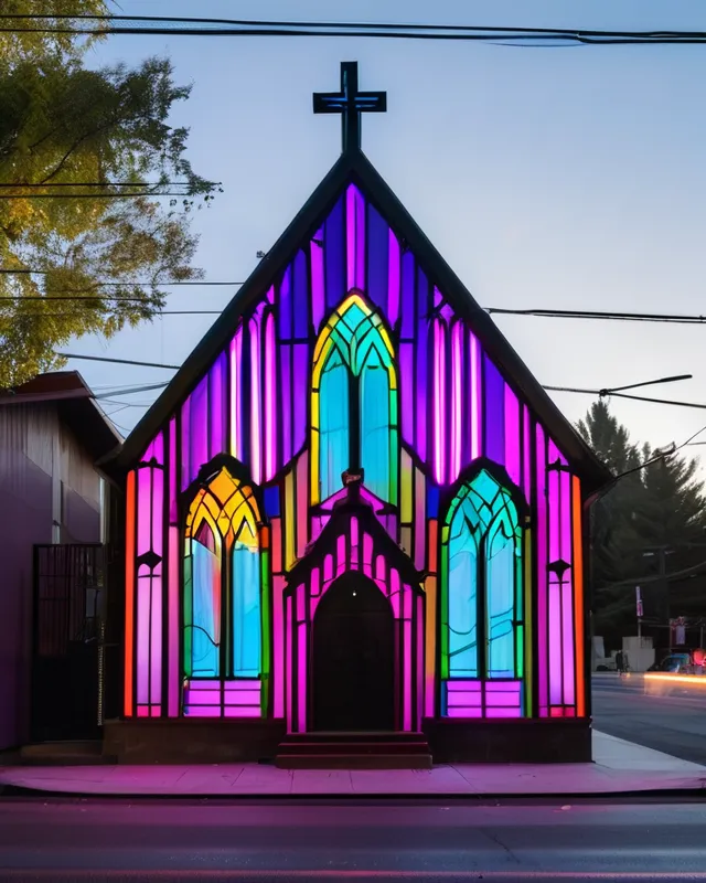 Neon chapel, neon church, street - Free AI Photo Generator - starryai