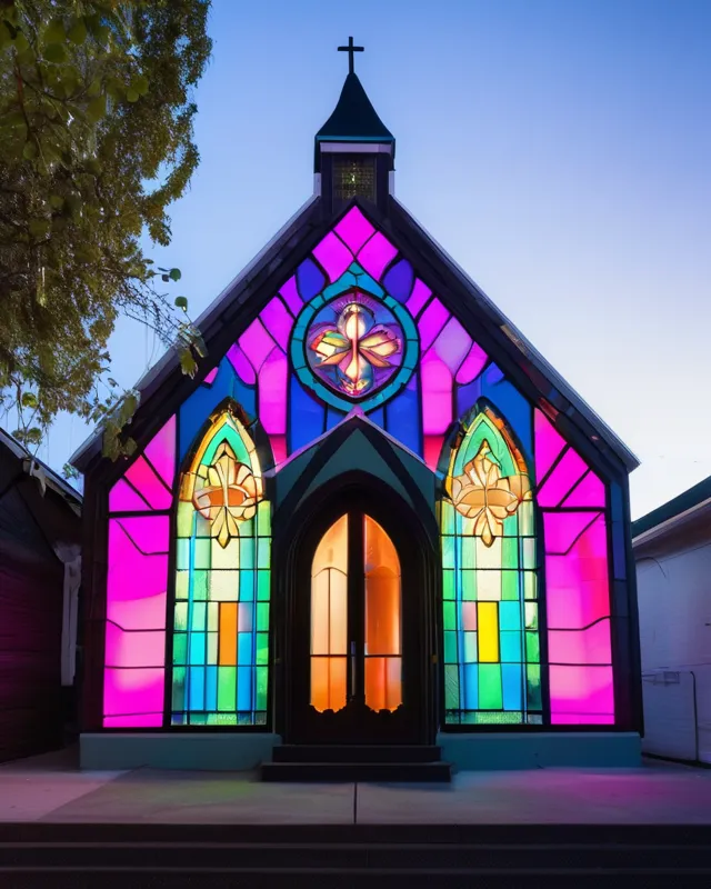 Neon chapel, neon church, street - Free AI Photo Generator - starryai