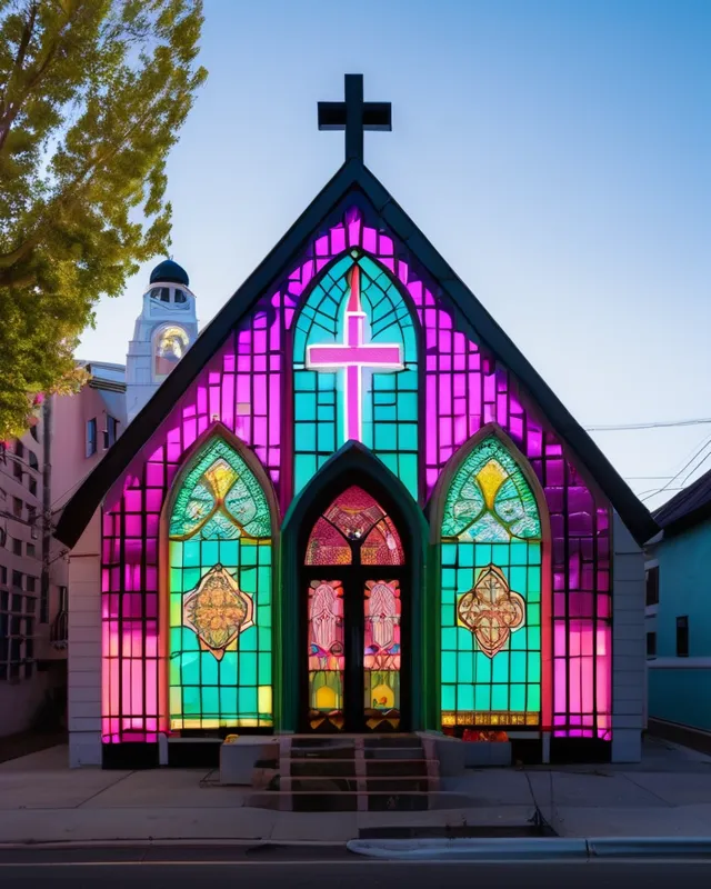 Neon chapel, neon church, street - Free AI Photo Generator - starryai